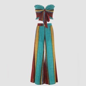 Cider Bohemian Striped Bandeau Top and Wide-Leg Pants Set